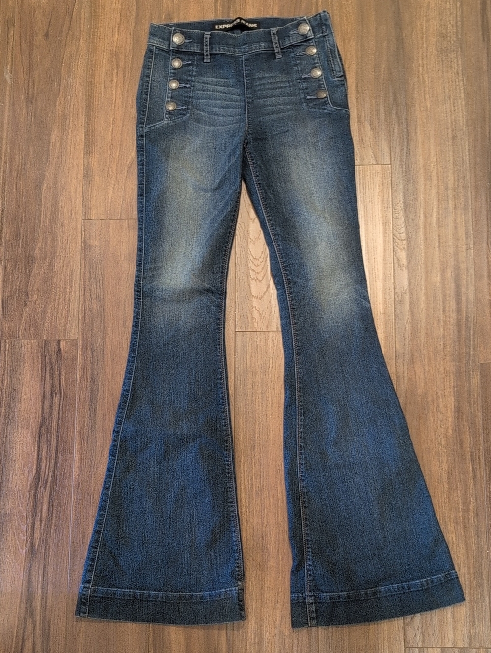 Express Women’s Dark Medium Blue Bell Bottom Flared Jeans with Button Detail